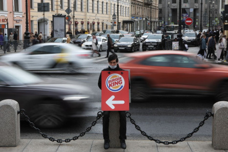 A Burger King promoter works at Nevsky Avenue in Saint Petersburg, Russia April 24, 2022. 