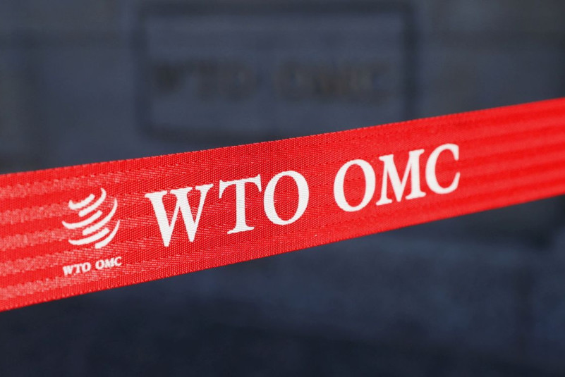 A logo is pictured outside the World Trade Organization (WTO) building in Geneva, Switzerland, April 1, 2021. 