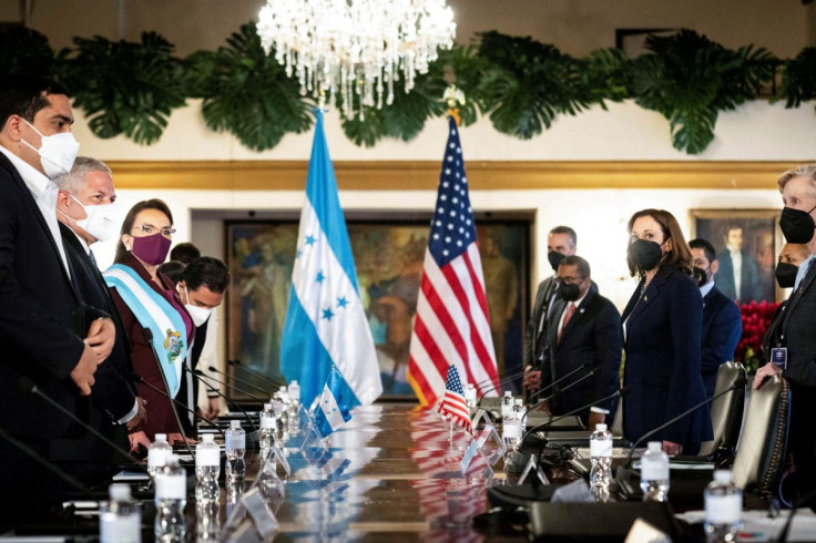 Honduran President Xiomara Castro and U.S. Vice President Kamala Harris meet for a bilateral meeting at the presidential palace in Tegucigalpa, Honduras , January 27, 2022. Erin Schaff/Pool via