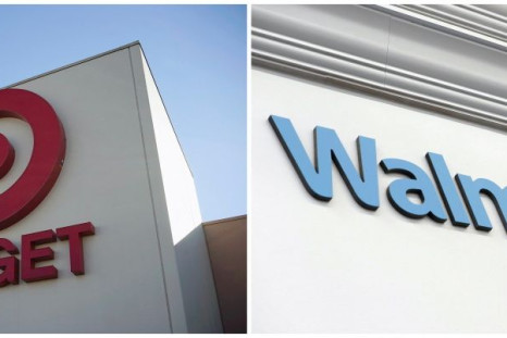 A combination picture shows a sign outside the Target store in Arvada, Colorado, on January 10, 2014, and a Walmart sign inside its department store in West Haven, Connecticut, U.S., February 17, 2021. 