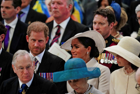 Britain's Prince Harry, Megan, Duchess of Sussex, and Lady Sarah Chatto attend the National Service of Thanksgiving held at St Paul's Cathedral, during Britain's Queen Elizabeth's Platinum Jubilee celebrations, in London, Britain, June 3, 2022. Victoria J