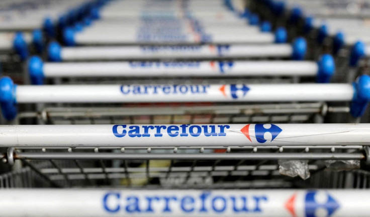 The logo of France-based food retailer Carrefour is seen on shopping trolleys in Sao Paulo, Brazil July 18, 2017.