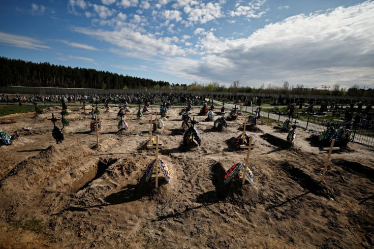 A view of new graves for people killed during Russia's invasion of Ukraine, at a cemetery in Bucha, Kyiv region, Ukraine April 28, 2022. 