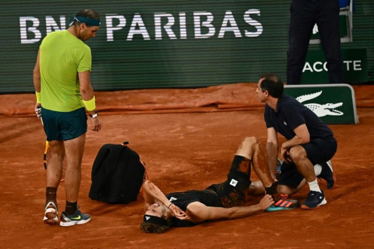 Moment of horror: Alexander Zverev on court as a concerned Rafael Nadal looks on