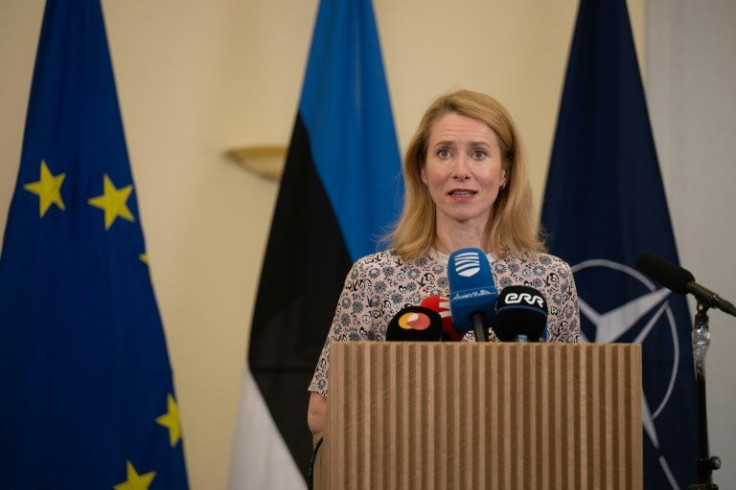 Estonian PM Kaja Kallas gives a press conference on June 3, 2022 in Tallinn to comment on her country's government crisis