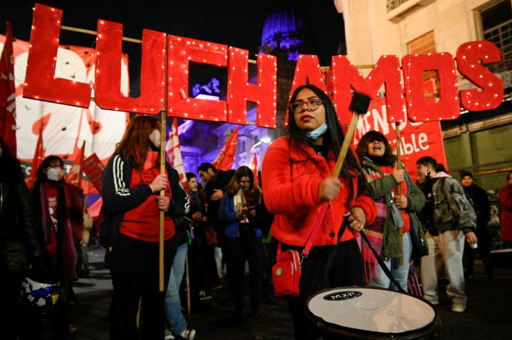 Women of the movement "Not one (woman) less" take part in a march to the Congress to protest against femicides and gender violence, in Buenos Aires, Argentina June 3, 2022.