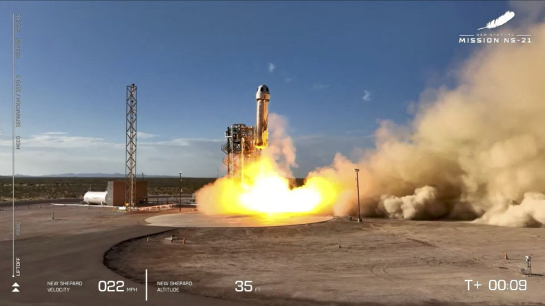 Jeff Bezos' space tourism venture Blue Origin launches its fifth crewed capsule mission from its base near Van Horn, Texas, U.S. June 4, 2022 in a still image from video. Blue Origin/Handout via REUTERS.  