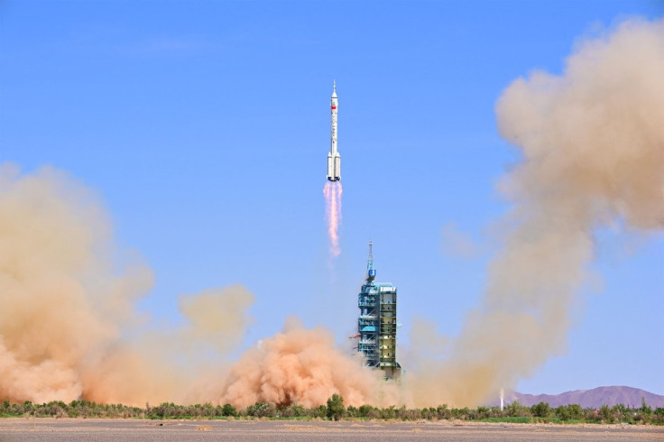 The Long March-2F carrier rocket, carrying the Shenzhou-14 spacecraft and three astronauts, takes off from Jiuquan Satellite Launch Center for a crewed mission to build China's space station, near Jiuquan, Gansu province, China June 5, 2022. cnsphoto via