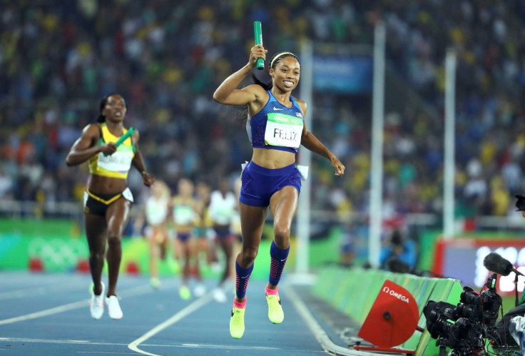 2016 Rio Olympics - Athletics - Final - Women's 4 x 400m Relay Final - Olympic Stadium - Rio de Janeiro, Brazil - 20/08/2016. Allyson Felix (USA) of USA celebrates as team USA win the gold. This win is Felix's sixth gold in track and field. 