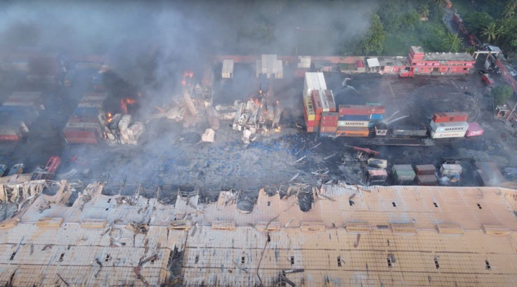 Drone footage shows smoke rising from the spot after a massive fire broke out in an inland container depot at Sitakunda, near the port city Chittagong, Bangladesh, June 5, 2022 in this still image obtained from a handout video. Al Mahmud BS/Handout via RE