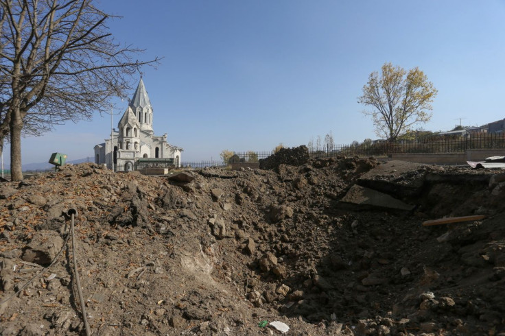A view shows a crater following recent shelling in the town of Shushi (Shusha), in the course of a military conflict over the breakaway region of Nagorno-Karabakh, October 29, 2020. Vahram Baghdasaryan/Photolure via REUTERS