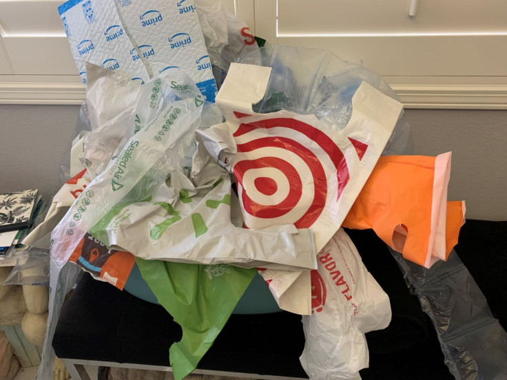 Reusable plastic bags and unrecyclable film packaging from southern California stores and retailers are seen in Laguna Niguel, California, U.S., December 1, 2021. Jan Dell/Handout via REUTERS 