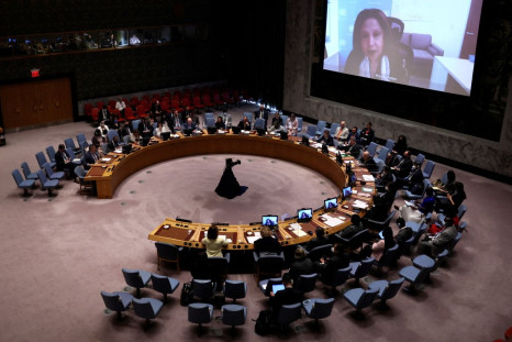 Special Representative on Sexual Violence in Conflict Pramila Patten is seen on a video screen as she addresses a meeting of the United Nations Security Council about the Russian invasion of Ukraine at U.N. headquarters in New York City, New York, U.S., J