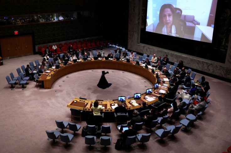 Special Representative on Sexual Violence in Conflict Pramila Patten is seen on a video screen as she addresses a meeting of the United Nations Security Council about the Russian invasion of Ukraine at U.N. headquarters in New York City, New York, U.S., J