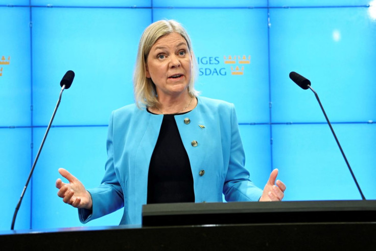 Swedish Prime Minister Magdalena Andersson holds a news conference in the parliament press center after the no-confidence vote against minister Morgan Johansson. TT News Agency/Anders Wiklund via REUTERS