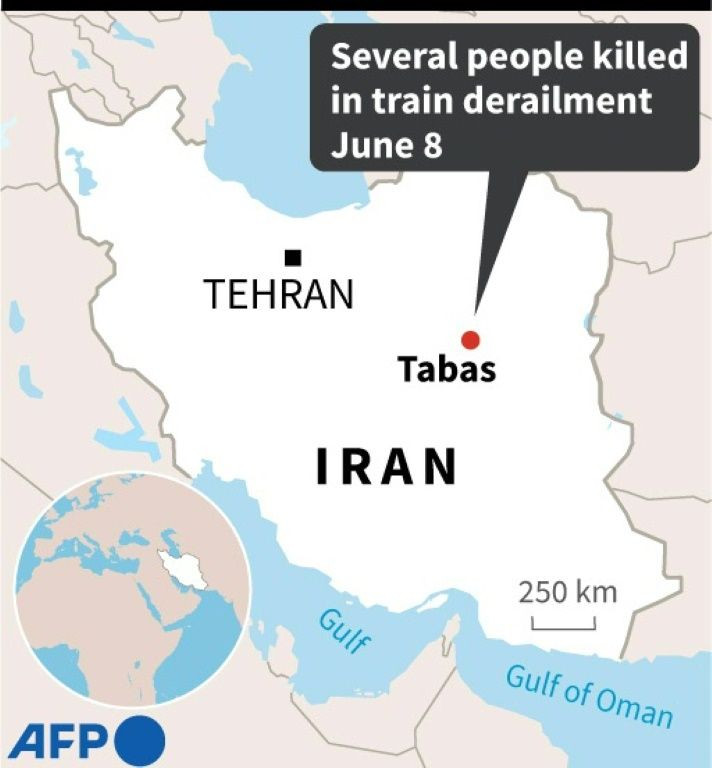 Map of Iran locating Tabas site of a deadly train derailment on June 8.