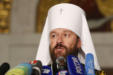 Metropolitan Hilarion, Chairman of external relations department of the Moscow Patriarchate and permanent member of the Holy Synod of the Russian Orthodox Church, speaks during a news conference in Minsk, Belarus October 15, 2018. 