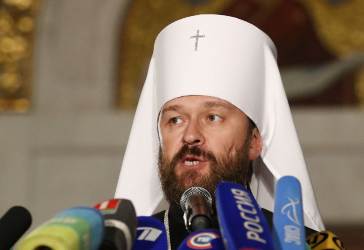 Metropolitan Hilarion, Chairman of external relations department of the Moscow Patriarchate and permanent member of the Holy Synod of the Russian Orthodox Church, speaks during a news conference in Minsk, Belarus October 15, 2018. 