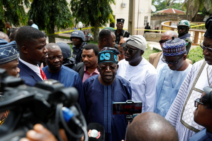 All Progressives Congress National Leader and Presidential aspirant Bola Tinubu speaks to the press during his visit to St. Francis Catholic Church, following an attack by gunmen on worshippers during a Sunday mass service, in Owo, Ondo, Nigeria June 6, 2