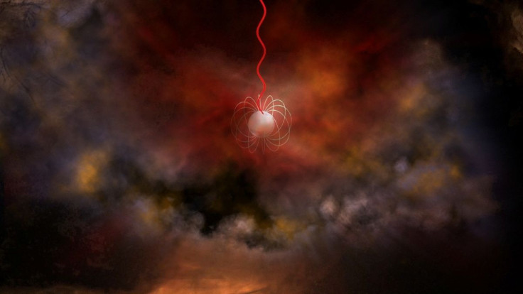 An artist's conception of a neutron star with an ultra-strong magnetic field, called a magnetar, emitting radio waves (red). Magnetars are a leading candidate for what generates phenomena called fast radio bursts. Bill Saxton, NRAO/AUI/NSF/Handout via RE