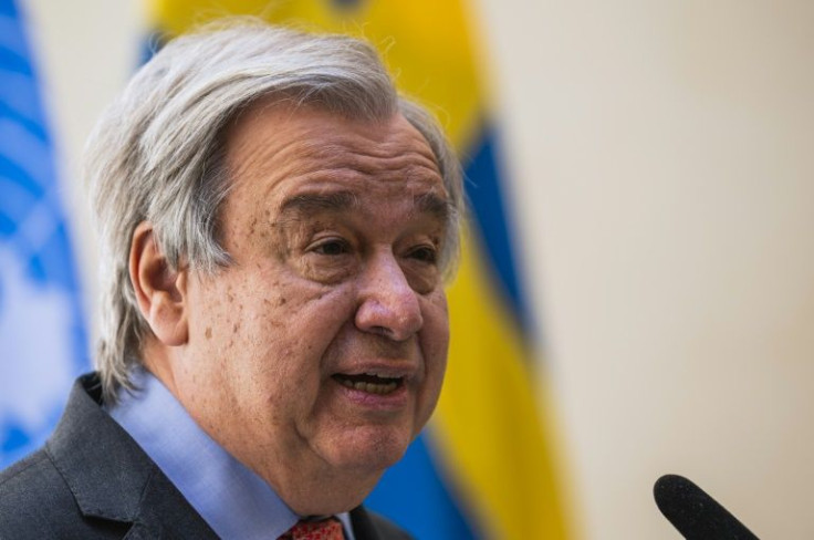 In this file photo taken on June 01, 2022, UN Secretary-General Antonio Guterres gives a press conference in Stockholm