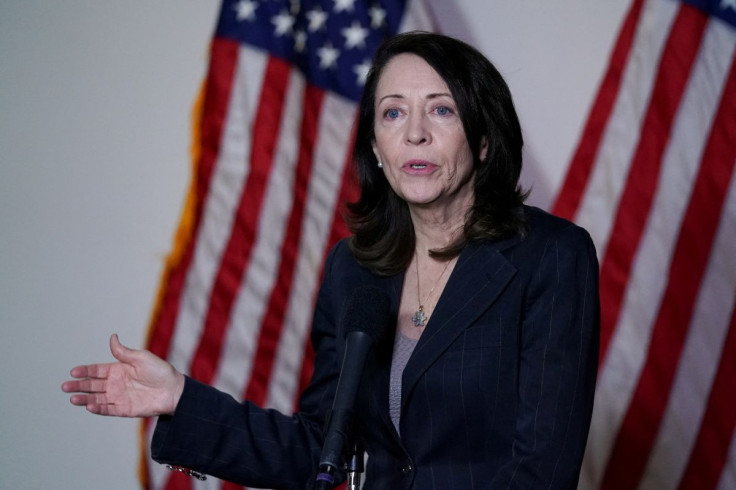 U.S. Sen. Maria Cantwell (D-WA) speaks during a news conference after the first Democratic luncheon meeting since COVID-19 restrictions went into effect on Capitol Hill in Washington, U.S. April 13, 2021. 