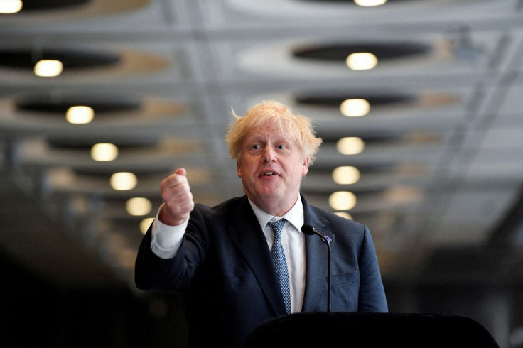 British Prime Minister Boris Johnson delivers a speech at Paddington Station in London, Britain, May 17, 2022.