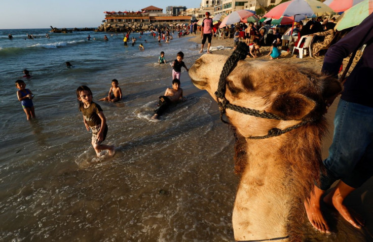 Palestinians enjoy the beach in Gaza City June 8, 2022. 