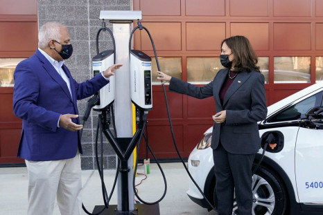 U.S. Vice President Kamala Harris speaks with SemaConnect CEO Mahi Reddy at the Prince George's County Brandywine Maintenance Facility during a visit to announce the Biden-Harris Administrationâs Electric Vehicle Charging Action Plan, in Brandywine, Mar