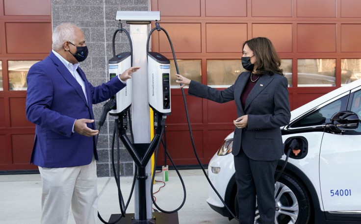 U.S. Vice President Kamala Harris speaks with SemaConnect CEO Mahi Reddy at the Prince George's County Brandywine Maintenance Facility during a visit to announce the Biden-Harris Administrationâs Electric Vehicle Charging Action Plan, in Brandywine, Mar