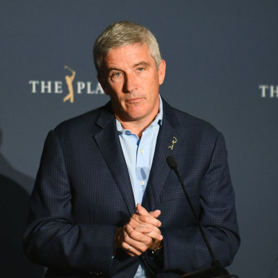 March 13, 2020; Ponte Vedra Beach, Florida, USA; PGA commissioner Jay Monahan speaks to media after the cancellation of the 2020 edition of The Players Championship golf tournament at TPC Sawgrass - Stadium Course.  Adam Hagy-USA TODAY Sports