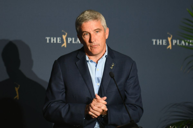 March 13, 2020; Ponte Vedra Beach, Florida, USA; PGA commissioner Jay Monahan speaks to media after the cancellation of the 2020 edition of The Players Championship golf tournament at TPC Sawgrass - Stadium Course.  Adam Hagy-USA TODAY Sports