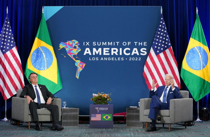 U.S. President Joe Biden speaks while holding a bilateral meeting with Brazil's President Jair Bolsonaro during the Ninth Summit of the Americas in Los Angeles, California, U.S., June 9, 2022. 