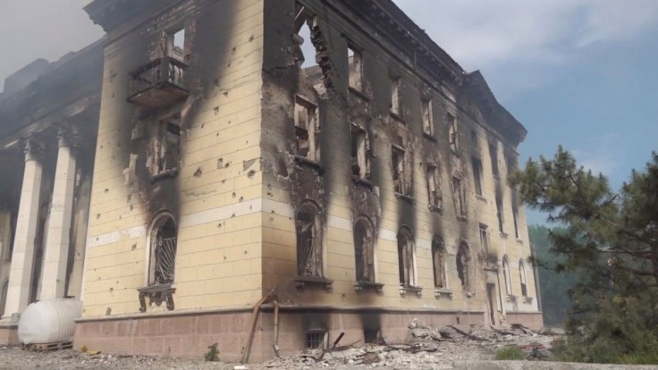 View of the heavily damaged centre for student and youth extracurricular activities, after Russian army artillery strikes in Lysychansk, Ukraine June 5, 2022 in this still image taken from handout video. Filmed June 5, 2022. National Police of Ukraine/Han