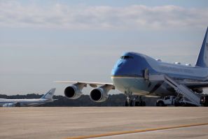 A pair of modified Boeing 747 jets which serve as Air Force One presidential aircraft are seen at Joint Base Andrews, Maryland, U.S., July 29, 2020. 
