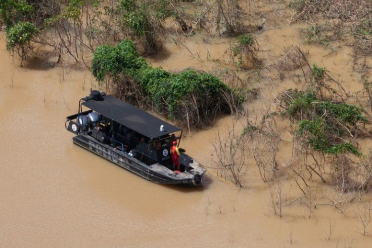 A police boat patrols in Atalaia do Norte searching for missing Indigenous expert Bruno Pereira and journalist Dom Phillips on June 10, 2022