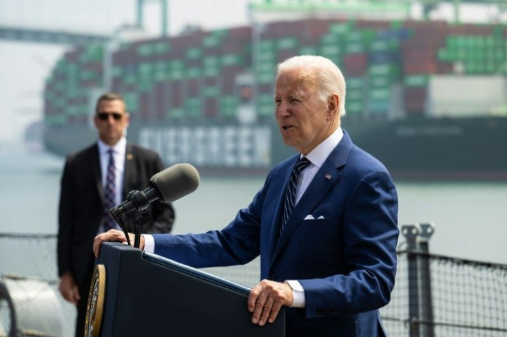 US President Joe Biden speaks about the economy and inflation from the deck of the USS Iowa at the Port of Los Angeles on June 10, 2022; record gas prices pose a major challenge with midterm elections only months away