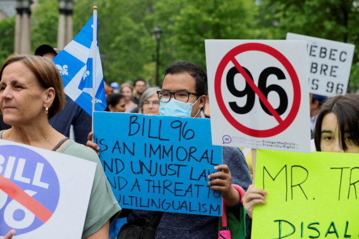 Anglophone opponents of Quebec's French-language law Bill 96 protest in downtown Montreal, Quebec, Canada May 26, 2022.