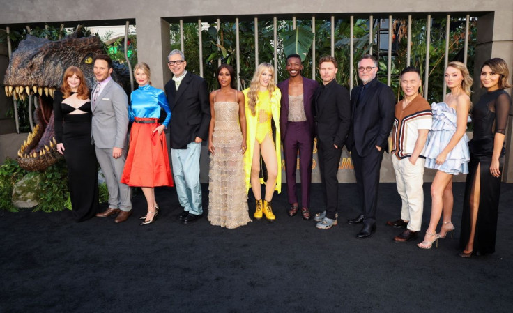 Cast members Bryce Dallas Howard, Chris Pratt, Laura Dern, Jeff Goldblum, DeWanda Wise, Mamoudou Athie, Scott Haze, BD Wong, Elva Trill, Daniella Pineda, director Colin Trevorrow and screenwriter Emily Carmichael pose for a picture while attending a premi