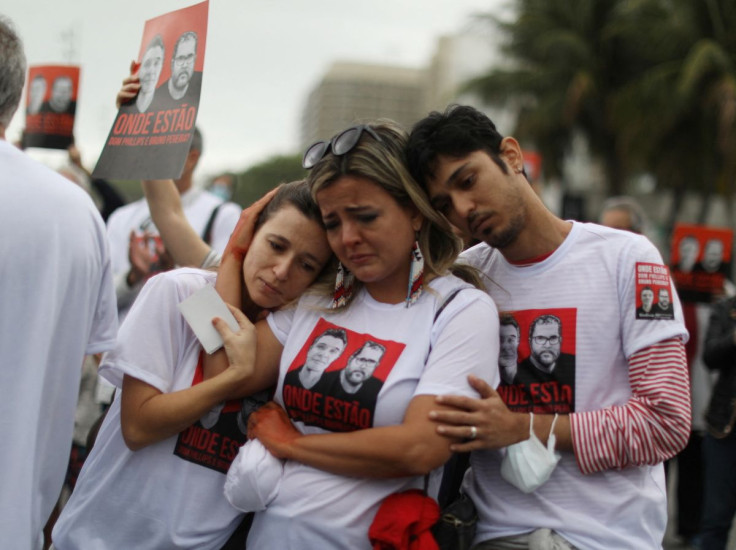 Demonstrators react as they protest following the disappearance, in the Amazon, of journalist Dom Phillips and indigenous expert Bruno Araujo Pereira, in Copacabana beach in Rio de Janeiro, Brazil June 12, 2022.