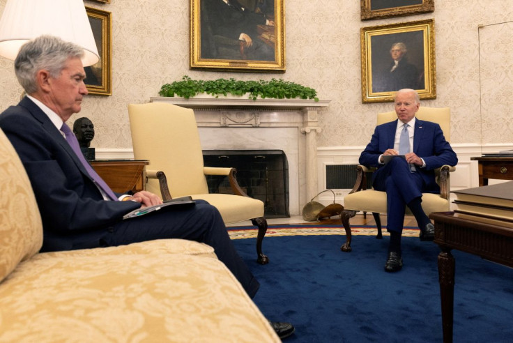 U.S. President Joe Biden meets with Federal Reserve Chair Jerome Powell and U.S. Treasury Secretary Janet Yellen to talk about the economy in the Oval Office at the White House in Washington, D.C., U.S., May 31, 2022. 