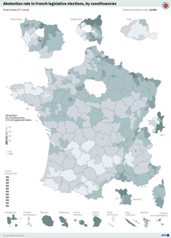 Map showing the abstention rate by constituencies in the first round of the French legislative elections on June 12, according to the final results