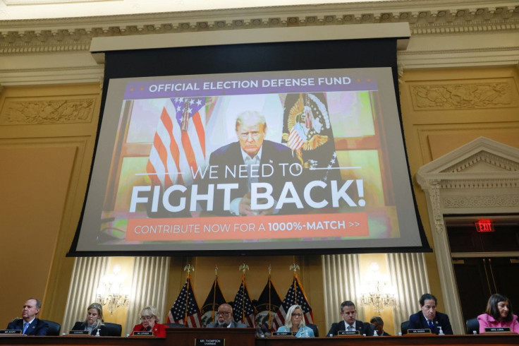 An advertisement soliciting donations for former U.S. President Donald Trump is seen as it was introduced as evidence and displayed on a screen above U.S. Representative Zoe Lofgren (D-CA), Chairperson Bennie Thompson (D-MS) , Vice Chair U.S. Representati