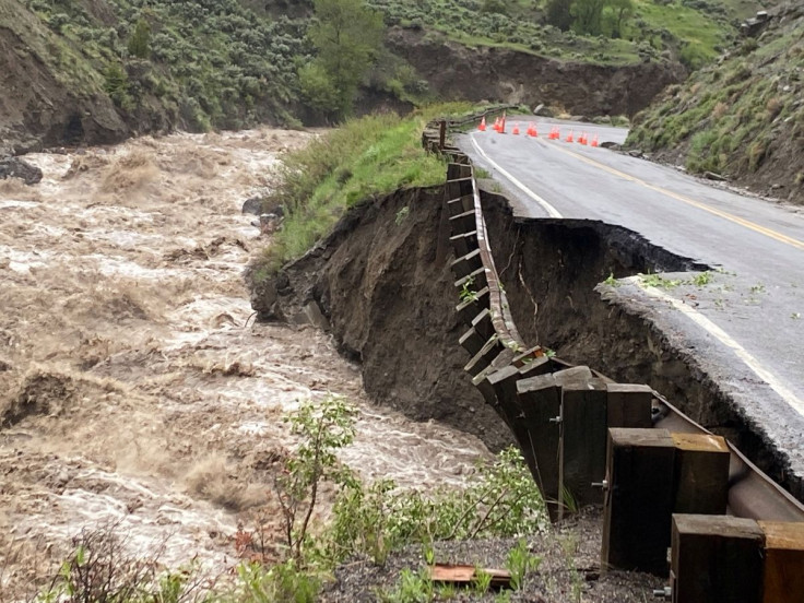 High water levels in the Gardner River erode Yellowstone National Park's North Entrance Road