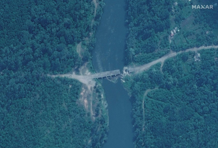 A satellite image shows a close up view of a damaged bridge, in Rubizhne, Ukraine June 11, 2022. Picture taken June 11, 2022. Maxar Technologies/Handout via REUTERS