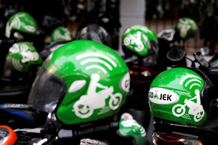 Gojek driver helmets are seen during Go-Food festival in Jakarta, Indonesia, October 27, 2018.