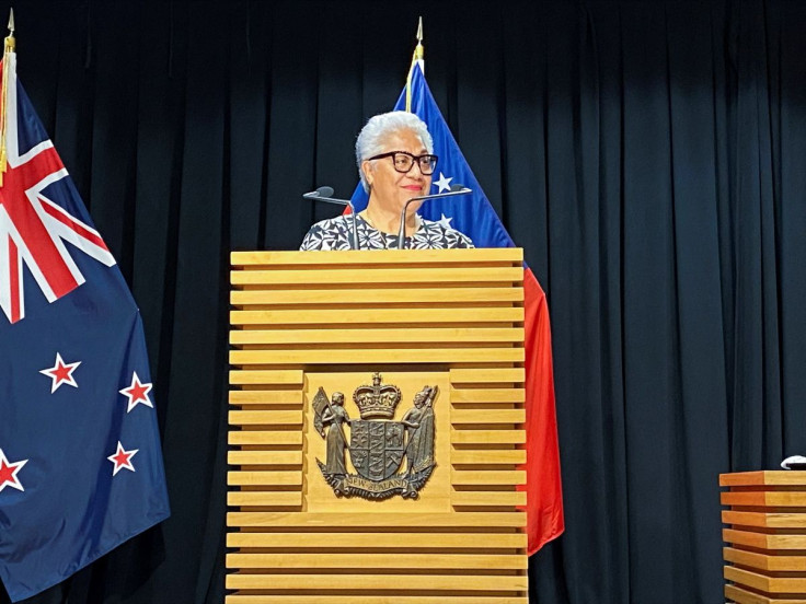 Samoan Prime Minister Fiame Naomi Mata'afa addresses members of the media during a joint news conference hosted with New Zealand Prime Minister Jacinda Ardern (not in picture) in Wellington, New Zealand, June 14, 2022. 