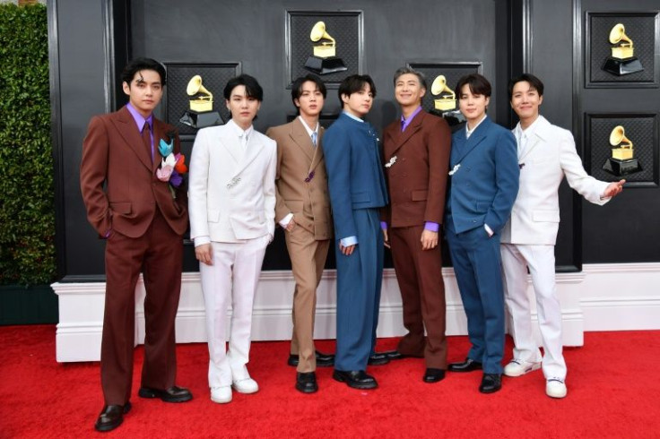 South Korean boy band BTS arrives for the 64th Annual Grammy Awards at the MGM Grand Garden Arena in Las Vegas on April 3, 2022