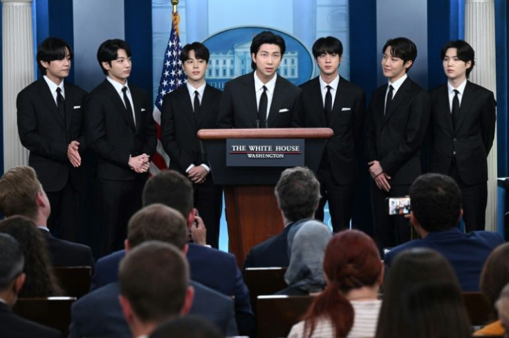Korean band BTS appears at the daily press briefing in the Brady Press Briefing of the White House in Washington, DC, May 31, 2022