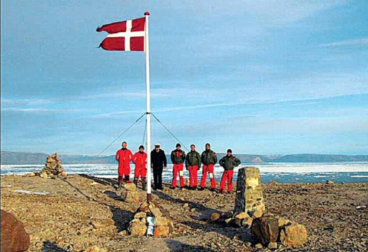 A group of Danish soldiers and the Danish flag stand on the Hans Island between Greenland and Canada in this undated file picture